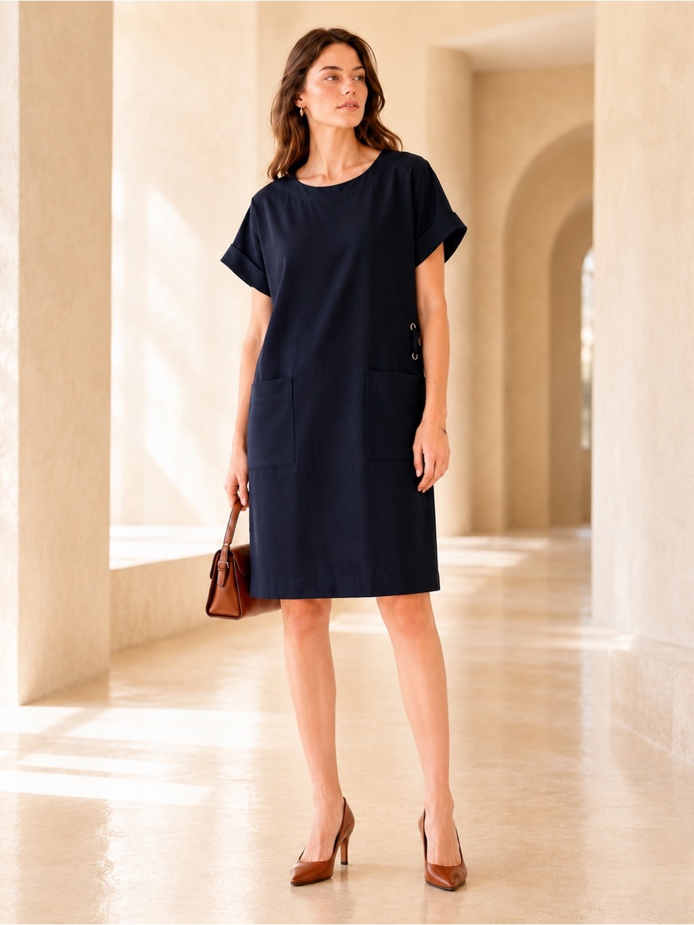 Babaton Navy Boxy Shift Mini Dress Lace-Up Pocket Sz XXS
